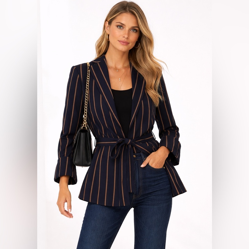Massimo Dutti Navy Blue Striped Tie Blazer Jacket – Size 6